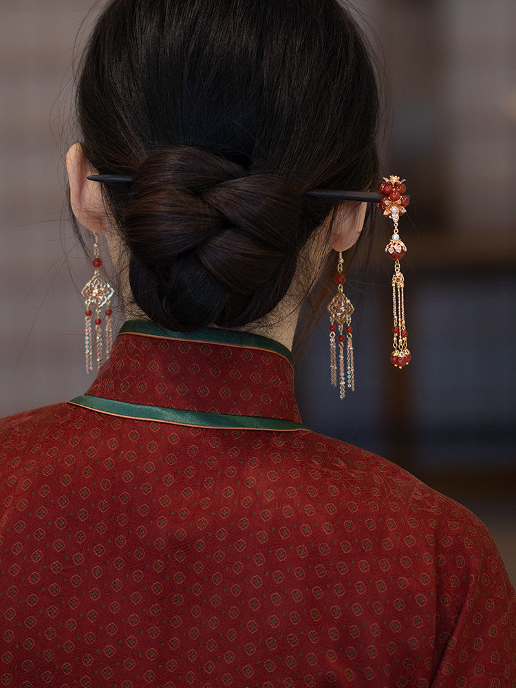 Red Onyx Tassel Antique Earrings | Hanfu Jewelry