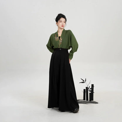 Song Dynasty Modern Hanfu Set with Winged Sleeve Top and Wide Leg Pants - Bookmark Butterfly 书签蝴蝶 (Preorder)