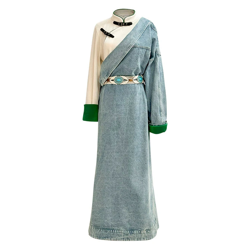 Blue Plateau - Women Tibetan Costume Improved Denim Robe for Photography & Festivals