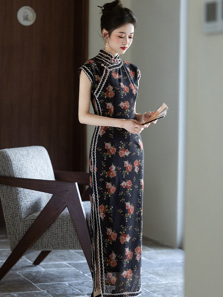 Short Sleeve Floral Long Cheongsam | Yingshan