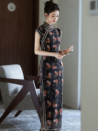 Short Sleeve Floral Long Cheongsam | Yingshan
