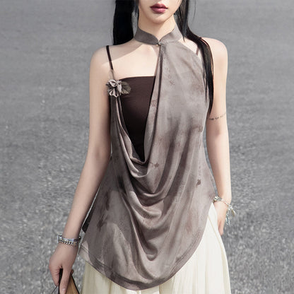 New Chinese Style Camisole and Cheongsam Halter Neck Top - Qianka 浅咖 (Preorder)