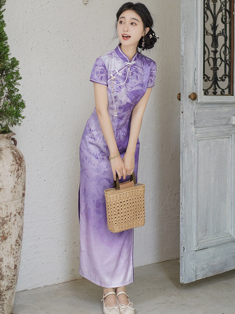 Short Sleeve Floral Long Cheongsam | Yanran