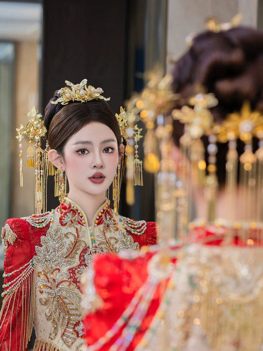 Golden Butterfly - Tassel Bridal Hairpin Traditional Chinese Wedding Headpiece for Xiuhe Dress