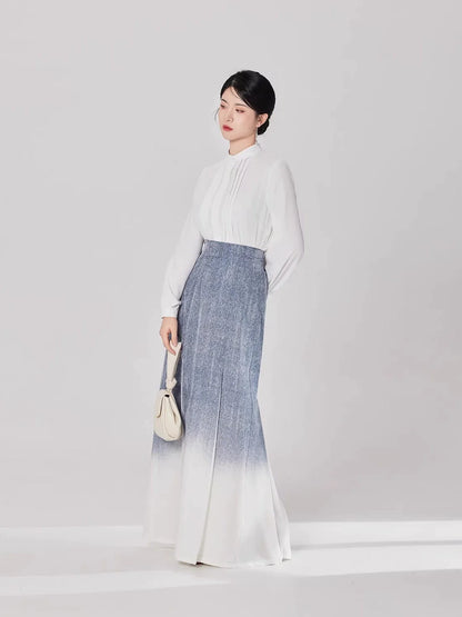 New Chinese Style Women Long Sleeve Top and Three Pleat Skirt Modern Hanfu Set - Spring Diaries 春涧集 (Preorder)