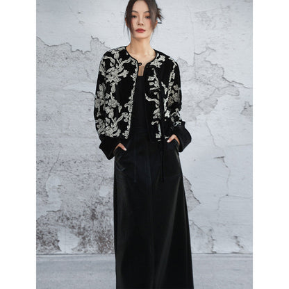 New Chinese Style Contrast Embroidered Velvet Short Jacket