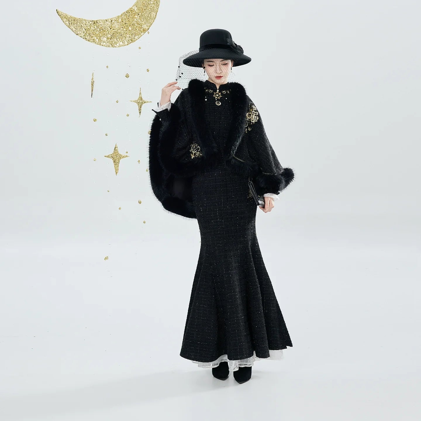 New Chinese Style Embroidered Cloak Qipao Mermaid Dress - Sun and Moon 日月同姝 (Preorder)