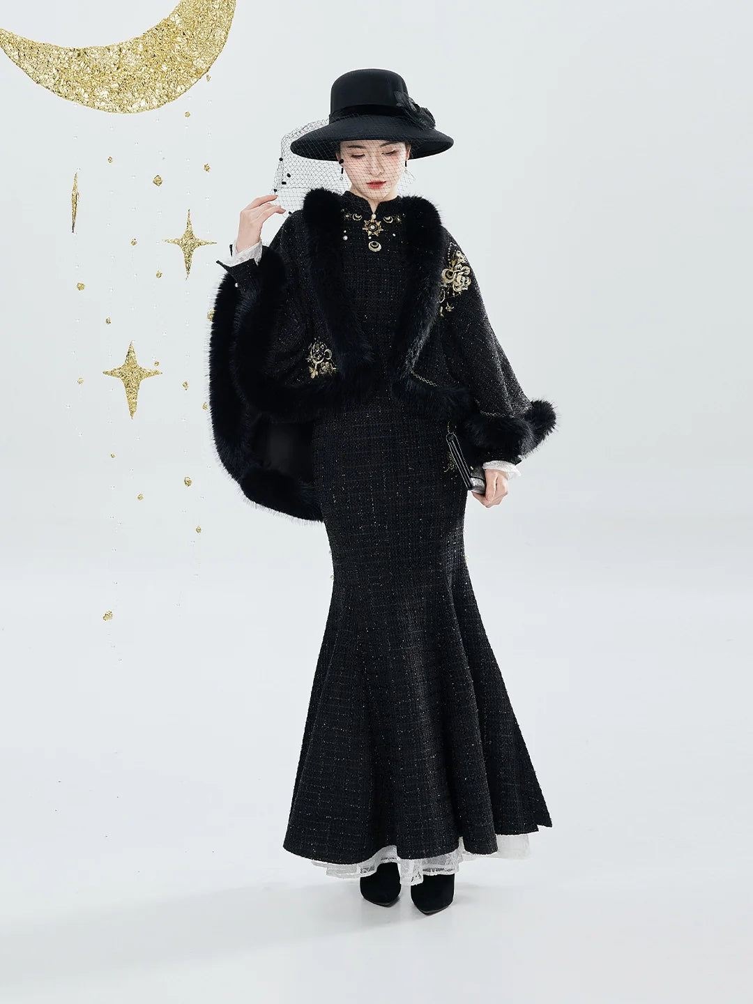 New Chinese Style Embroidered Cloak Qipao Mermaid Dress - Sun and Moon 日月同姝 (Preorder)