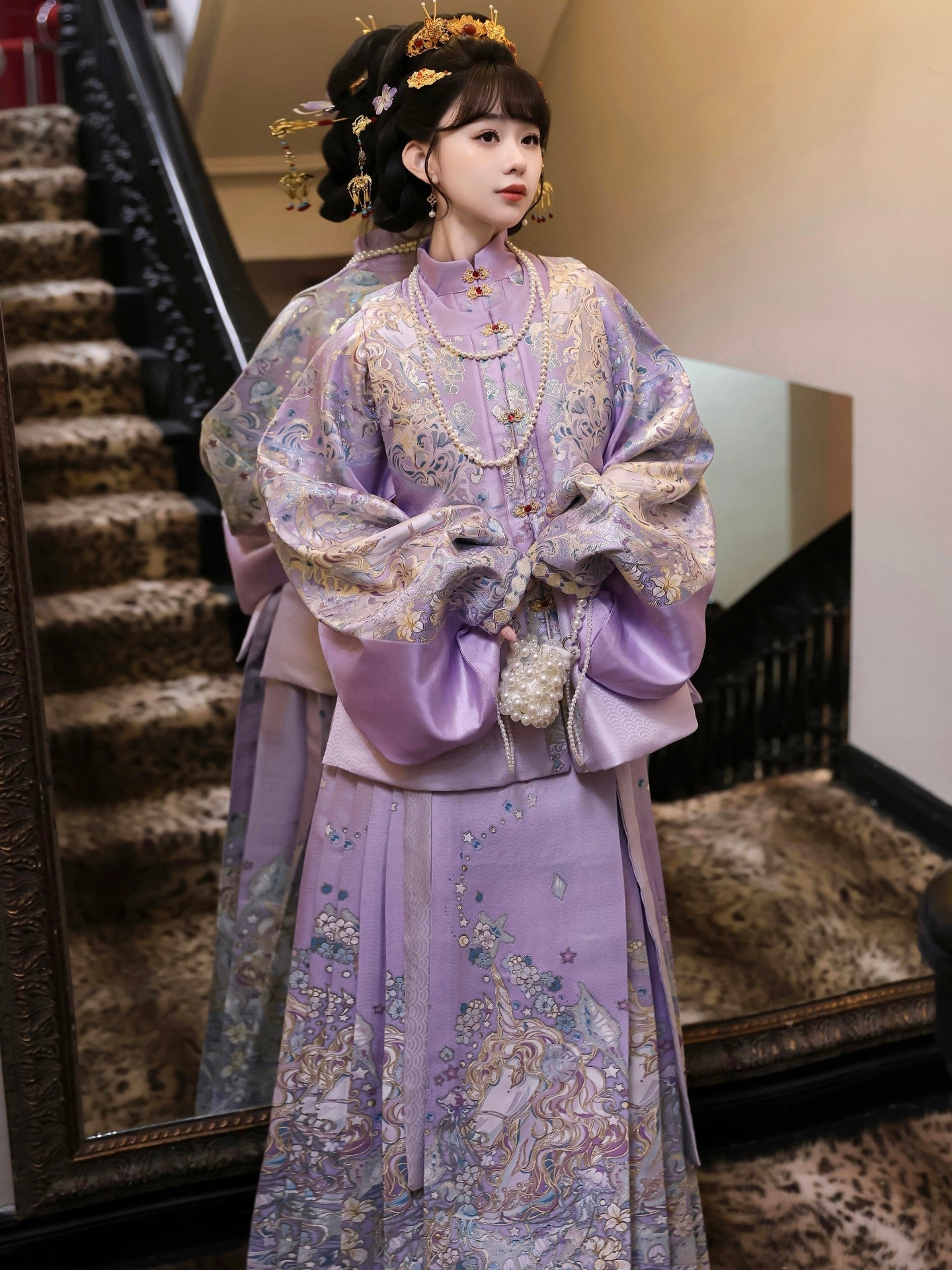 Ming Dynasty Pastel Violet Mint Green Pipa Sleeve Top & Mamian Skirt | Menghuan 梦幻