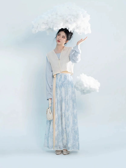 Tang Dynasty Modern Hanfu Set with Beizi Overlay & Pleated Wrap Skirt - Little Blue Flower 小蓝花 (Preorder)