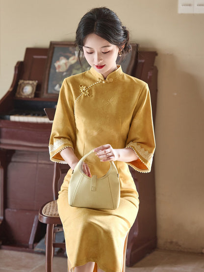 Mid Sleeve Antique Gold Cheongsam | Autumn