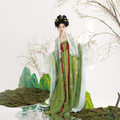 Spring Deer | Tang Style Hanfu Set with Famen Temple Shawl and Qixiong Skirt