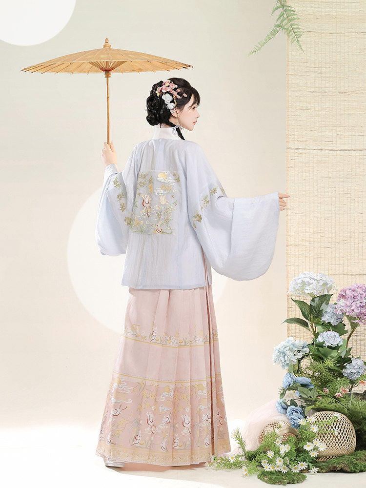 Ming Dynasty Pastel Embroidered Pipa Sleeve Top & Printed Mamian Skirt | Osmanthus Rabbit 桂花兔