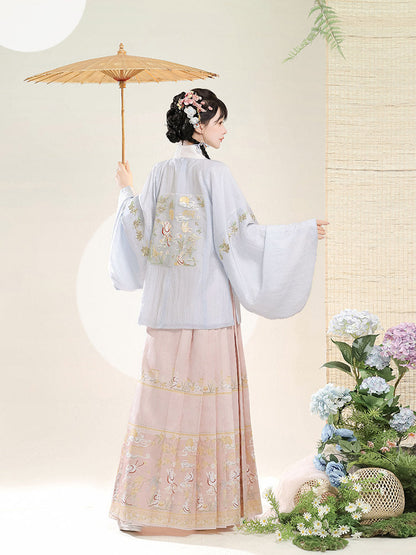Ming Dynasty Pastel Embroidered Pipa Sleeve Top & Printed Mamian Skirt | Osmanthus Rabbit 桂花兔