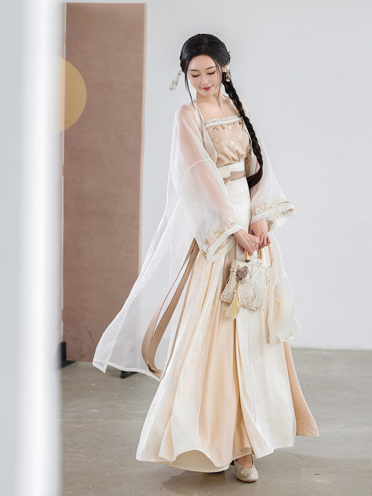 New Chinese Style Camisole with Pleated Wrap Skirt and Fairy Cardigan for Summer - Moon Amidst Clouds 云间月 (Preorder)