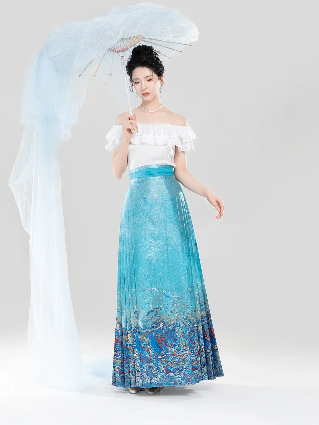 Chinese Off Shoulder Blouse & Mamian Skirt Outfit | Mermaid 五行水