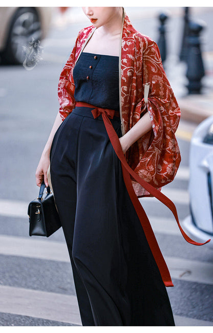 Modern Chinese Style Hanfu Outfit Cardigan & Camisole with Song-Style Trousers - Vermilion Bird 朱雀 (Preorder)