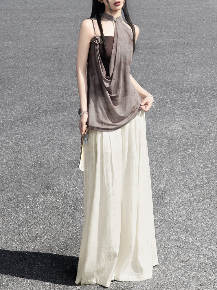 New Chinese Style Camisole and Cheongsam Halter Neck Top - Qianka 浅咖 (Preorder)