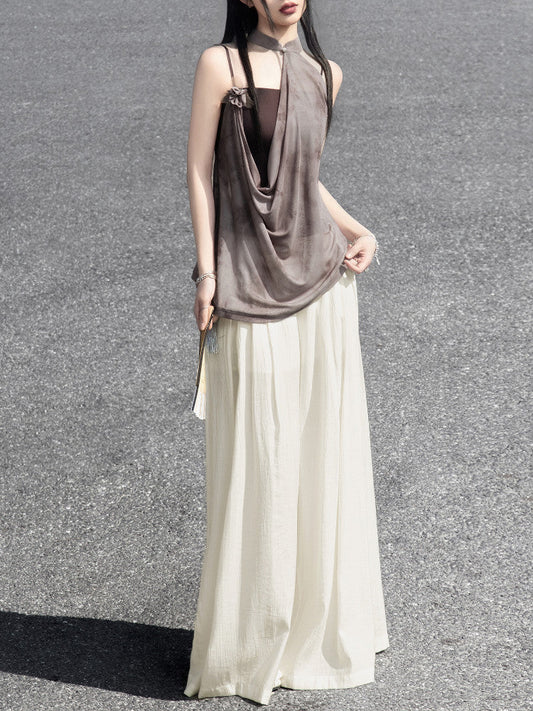 New Chinese Style Camisole and Cheongsam Halter Neck Top - Qianka 浅咖 (Preorder)