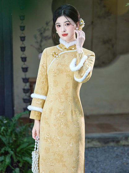 Long Sleeve Fur Trim Antique Gold Floral Qipao | Regal