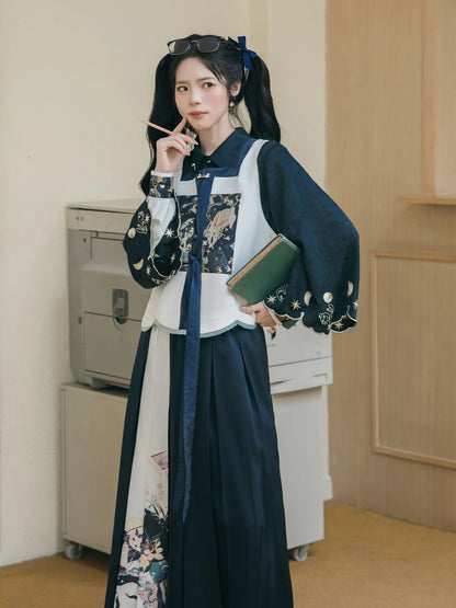 Ming Dynasty Modern Hanfu Bijia with Wide Leg Pants - Osmanthus Branch 蟾宫折桂