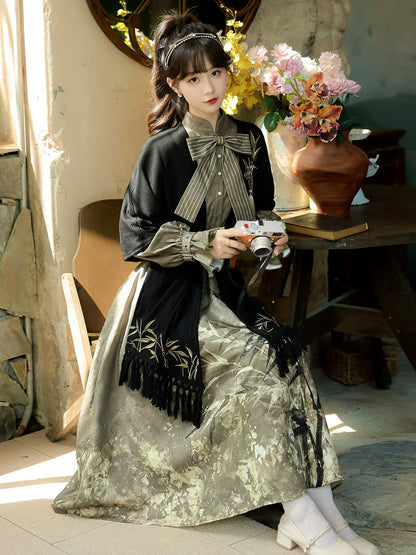 Glitter Bamboo 鎏金竹影 - New Chinese Style Printed Long-Sleeve Dress and Shawl Set (Preorder)