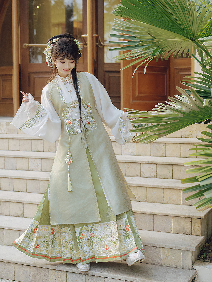Ming Dynasty Spring Hanfu Outfit with Robe & Mamian Skirt | Spring Returns 踏春归