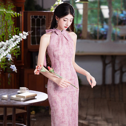 Sleeveless Halter Neck Midi Cheongsam | Ribbons