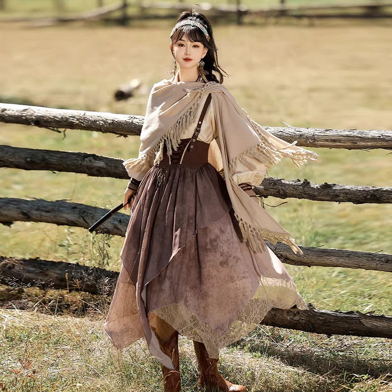 Golden Dunes | Modern Chinese Hanfu Set with Shawl Top and Suspender Dress