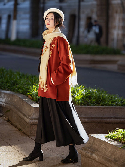 Song Dynasty Modern Hanfu Winged Sleeve Top and Wrap Skirt for Autumn and Winter - Plum Fragrance 倚梅香 (Preorder)