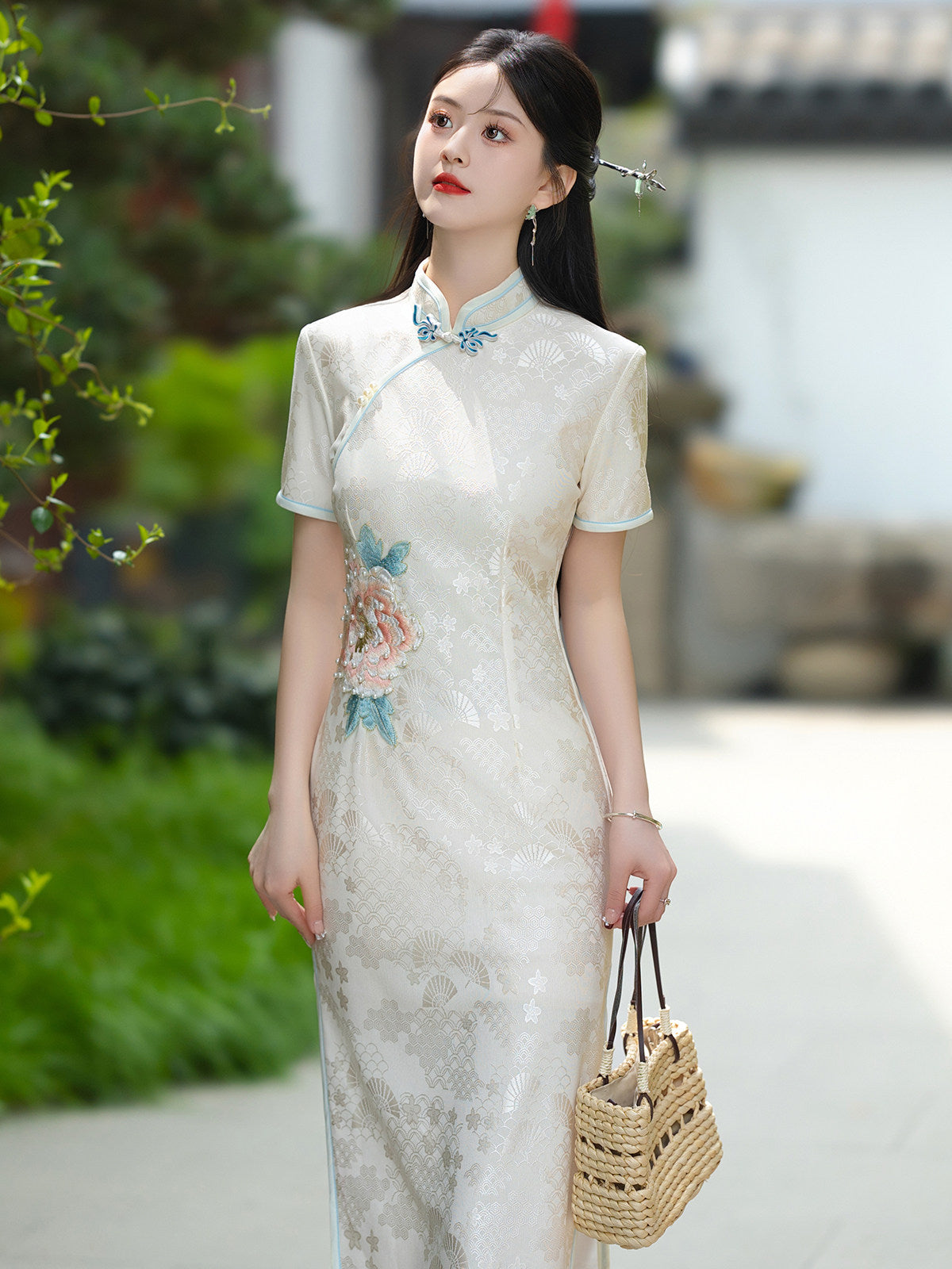 Short Sleeve Floral Long Cheongsam | Peony