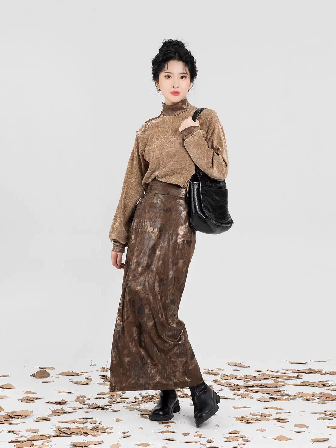 New Chinese Style Women Embroidered Velvet High-Neck Top & Spiral Skirt - Twilight 暮也 (Preorder)