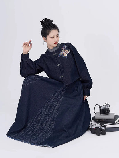 Tang Dynasty Modern Denim Hanfu Round Collar Jacket and Eight Panel Skirt - Canglan 苍岚 (Preorder)