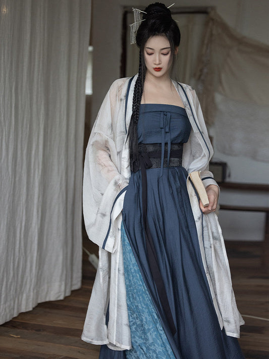 Song Dynasty Modern Hanfu Long Jacket with Wide Leg Pants - Observing Mist 观雾 (Preorder)