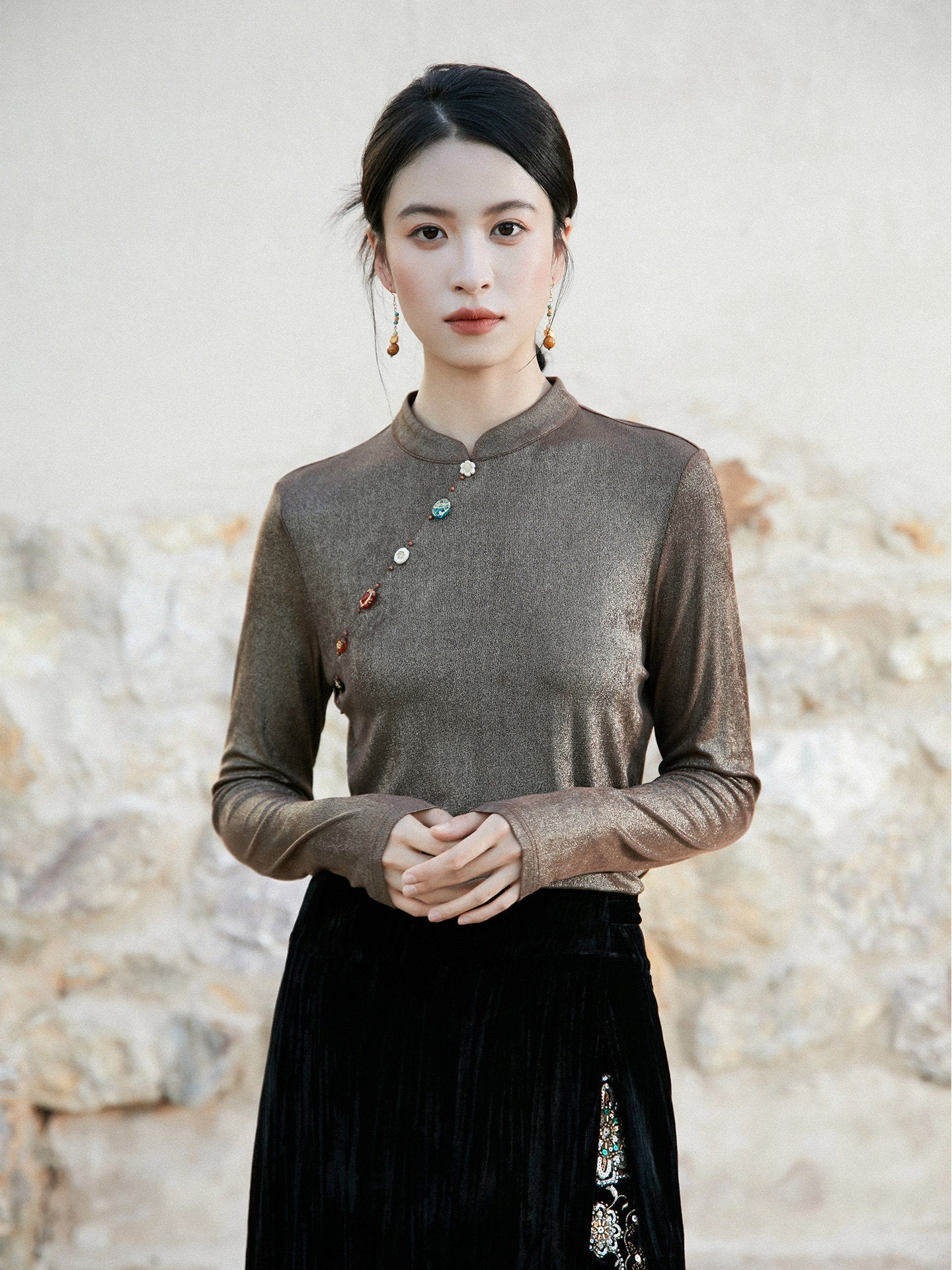 New Chinese Style Women Satin Shimmer Top - Ruoyan 若烟
