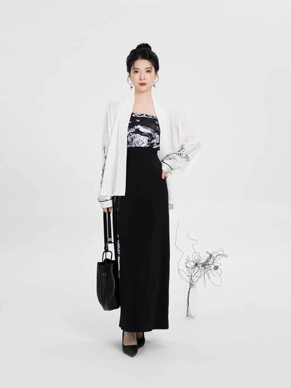 Song Dynasty Modern Hanfu Set with Winged Sleeve Top and Spiral Skirt - Heiyouzi 黑釉瓷 (Preorder)
