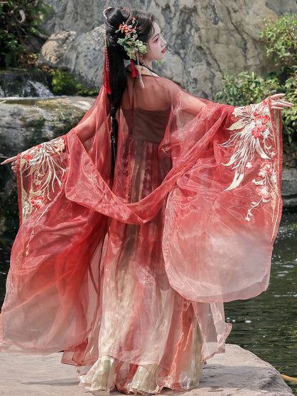 Zan Hong | Festive Red Hanfu Set with Embroidered Qixiong Dress and Wide Sleeve Cardigan