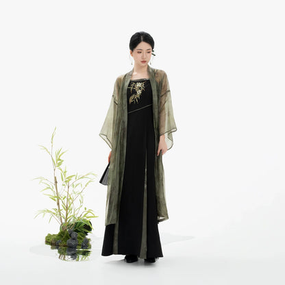 Song Dynasty Modern Hanfu Set with Changgan Temple Beizi and Three Pleat Slip Dress - Bamboo Shadow 竹影纱 (Preorder)