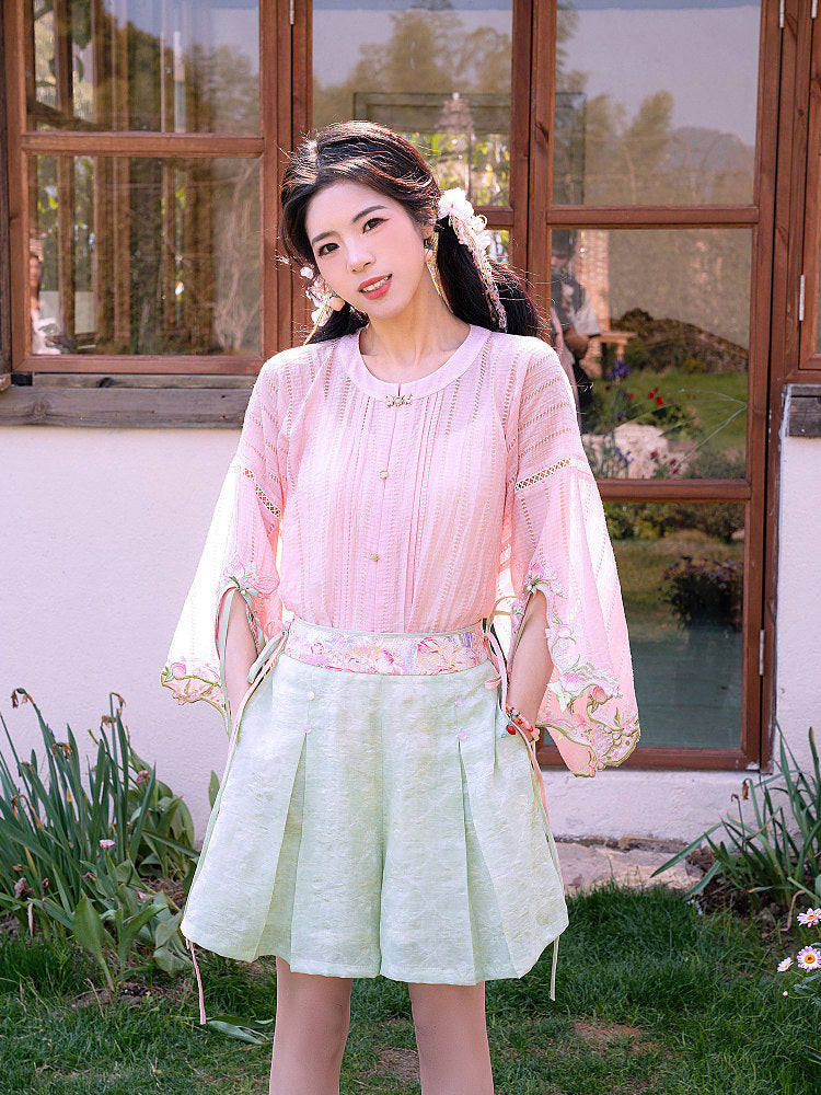 Ming Dynasty Modern Hanfu Half Sleeve Top and Mini Mamianqun - Peach Fragrance 梦桃香