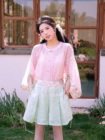 Ming Dynasty Modern Hanfu Half Sleeve Top and Mini Mamianqun - Peach Fragrance 梦桃香