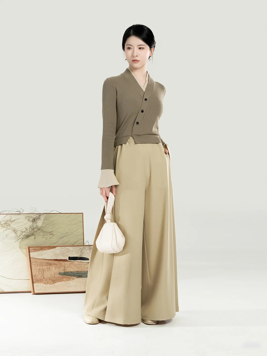 New Chinese Style Women Knitted Top with Palazzo Pants Set - Chunming 椿茗 (Preorder)