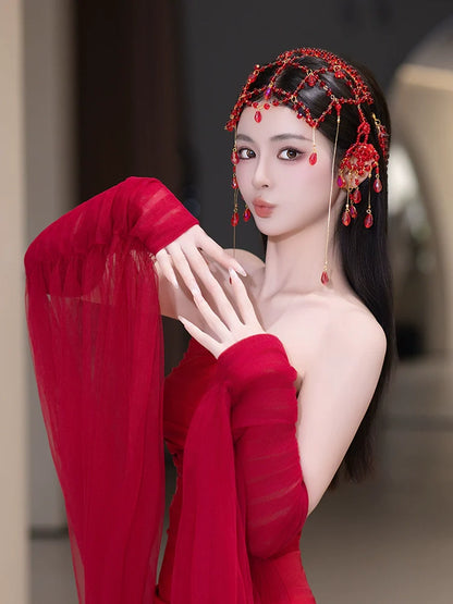 Blossoms in Red Veil - Exotic Dunhuang Bridal Hair Accessories Set Tassel Forehead Pendant Wedding Headpiece