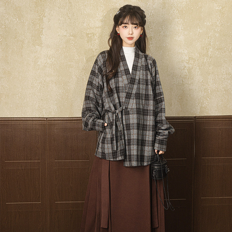 Modern Hanfu Cross Collar Plaid Jacket for Autumn and Winter - Warm Sun 暖阳