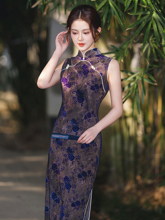 Lydia sleeveless floral midi cheongsam qipao — detail view
