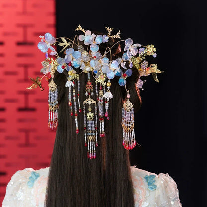 Crystal Butterfly Mist - Light Floral Bridal Hairpin Tassel Chinese Wedding Headpiece for Hanfu and Xiuhe Bride