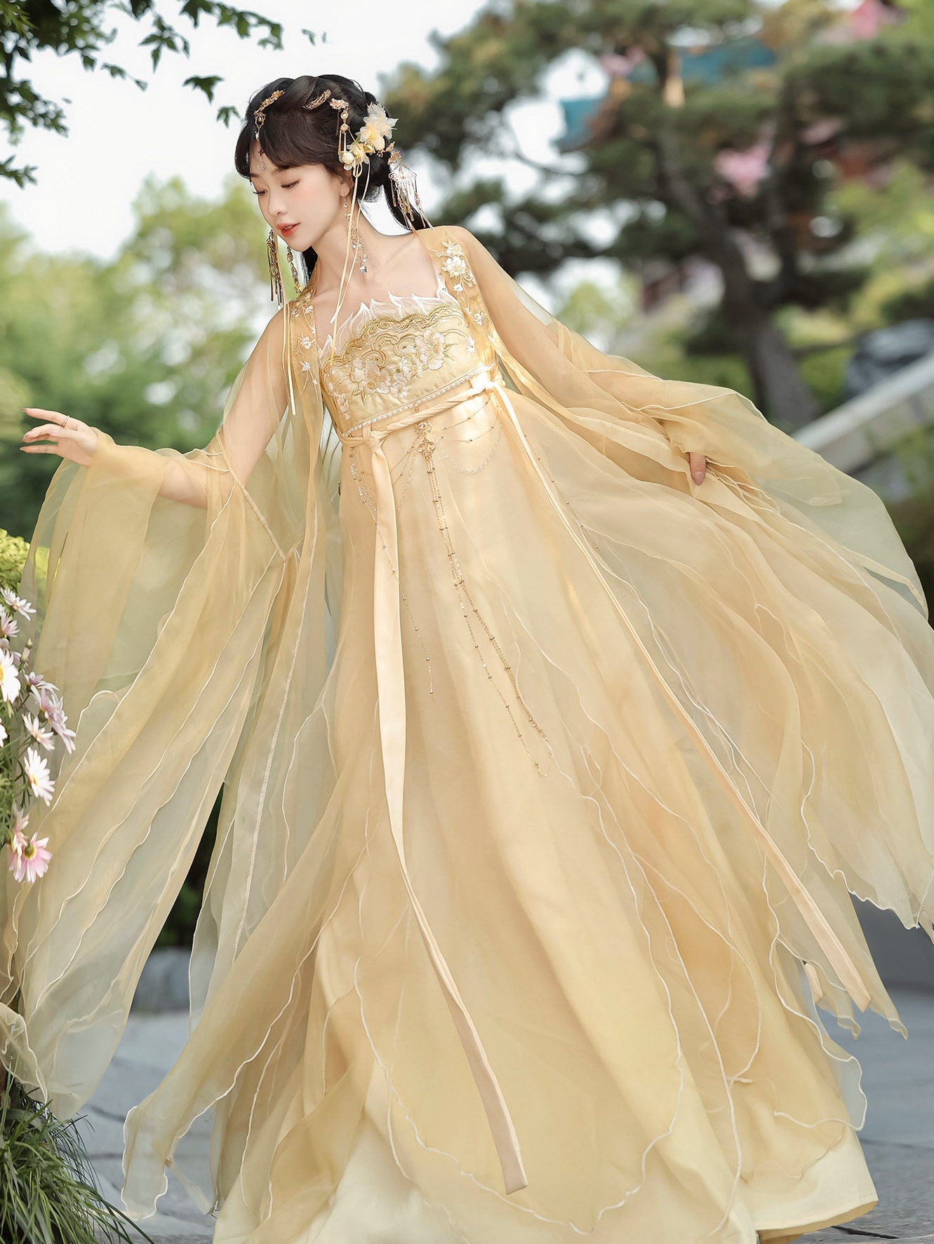 Chao Ge | Tang Dynasty Style Qixiong Ruqun Hanfu Set with Wide Sleeve Jacket