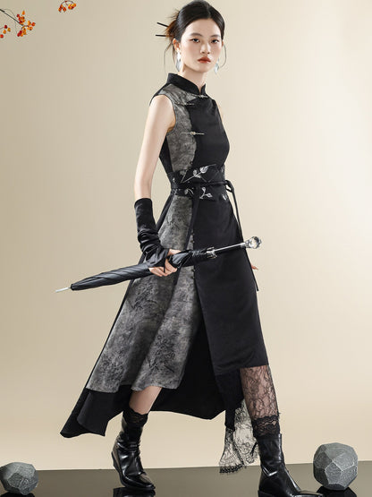 Ink Wash Mandarin Collar Dress | New Chinese Style Sleeveless Long Dress