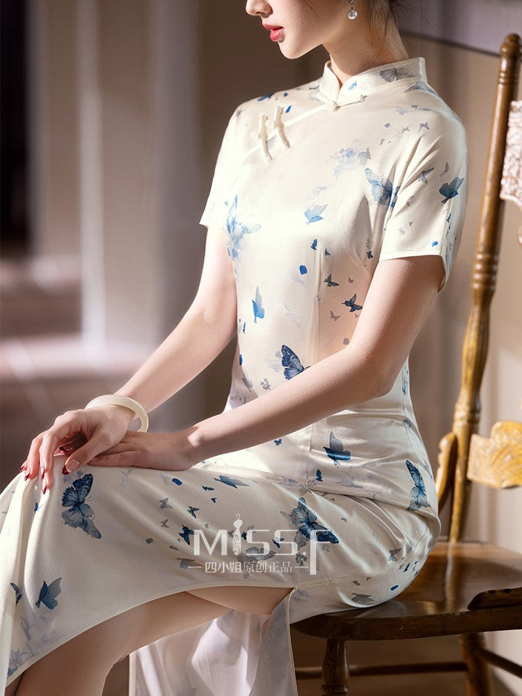 Short Sleeve Butterfly Long Cheongsam | Late Dream