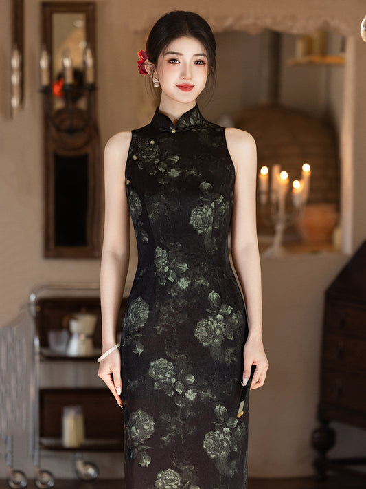 Night Flowers sleeveless floral midi cheongsam qipao — detail view