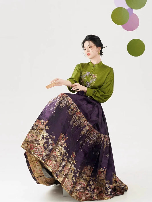 Plum Wine Chinese Blouse & Mamian Skirt Outfit - modern Ming-inspired hanfu, detail view